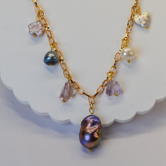 Pearl & Ametrine Charm Necklace - 16.5" to 18.5" - Picture 6 of 8